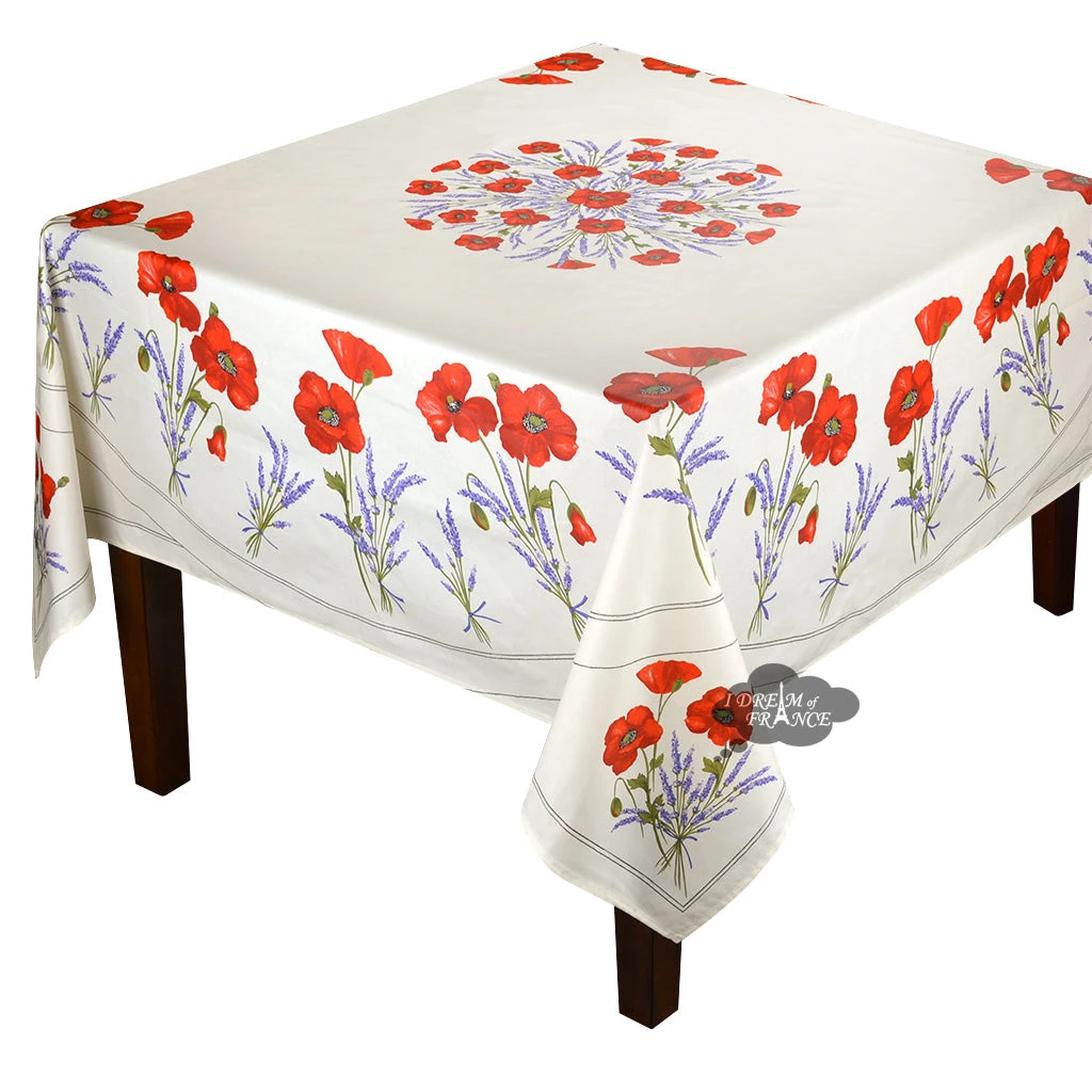 70" Square Poppies Cream Acrylic-Coated Cotton Tablecloth By Tissus Toselli 3 70" Square Poppies Cream Acrylic-Coated Cotton Tablecloth By Tissus Toselli