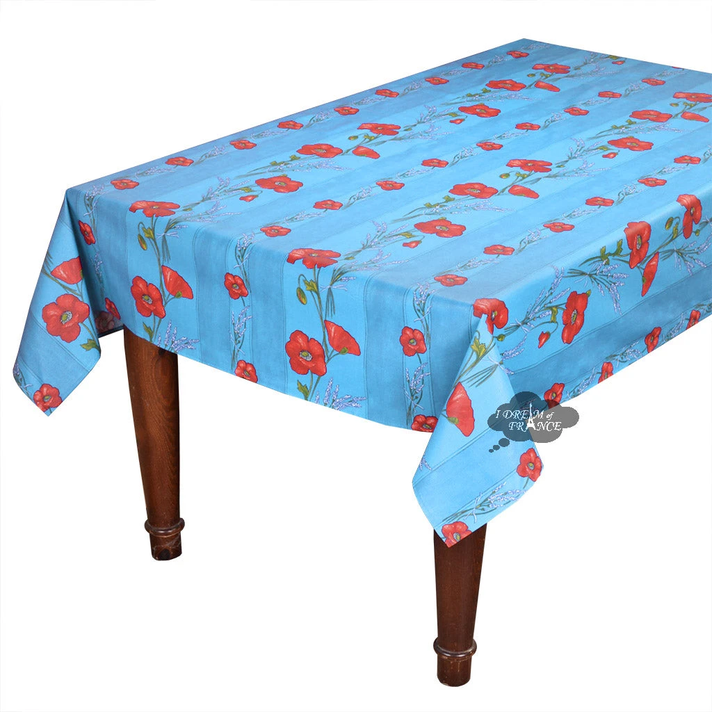 60x120" Rectangular Poppies Sky Blue Acrylic-Coated Cotton Tablecloth By Tissus Toselli 3 60x120" Rectangular Poppies Sky Blue Acrylic-Coated Cotton Tablecloth By Tissus Toselli