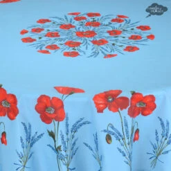 70" Round Poppies Sky Blue Acrylic-Coated Cotton Tablecloth By Tissus Toselli -Kitchen Textiles tissus toselli poppies sky blue round cotton coated tablecloth asqw