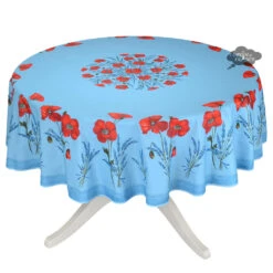 90" Round Poppies Sky Blue Acrylic-Coated Cotton Tablecloth By Tissus Toselli