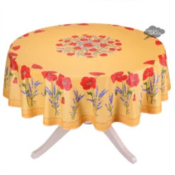70" Round Poppies Yellow Acrylic-Coated Cotton Tablecloth By Tissus Toselli