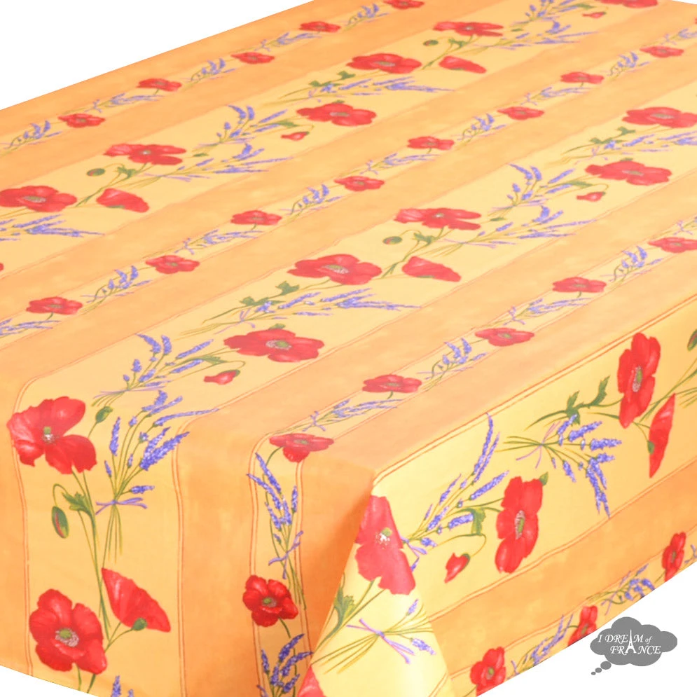 60x120" Rectangular Poppies Yellow Acrylic-Coated Cotton Tablecloth By Tissus Toselli 4 60x120" Rectangular Poppies Yellow Acrylic-Coated Cotton Tablecloth By Tissus Toselli - Image 2
