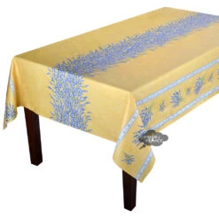 60x96" Rectangular Valensole Yellow Double Border Acrylic-Coated Cotton Tablecloth By Label France