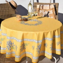 70" Round Valensole Yellow Acrylic-Coated Cotton Tablecloth By Label France -Kitchen Textiles valensole yellow coated cotton round tablecloth l ensoleillade asq