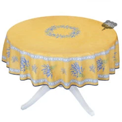 70" Round Valensole Yellow Acrylic-Coated Cotton Tablecloth By Label France
